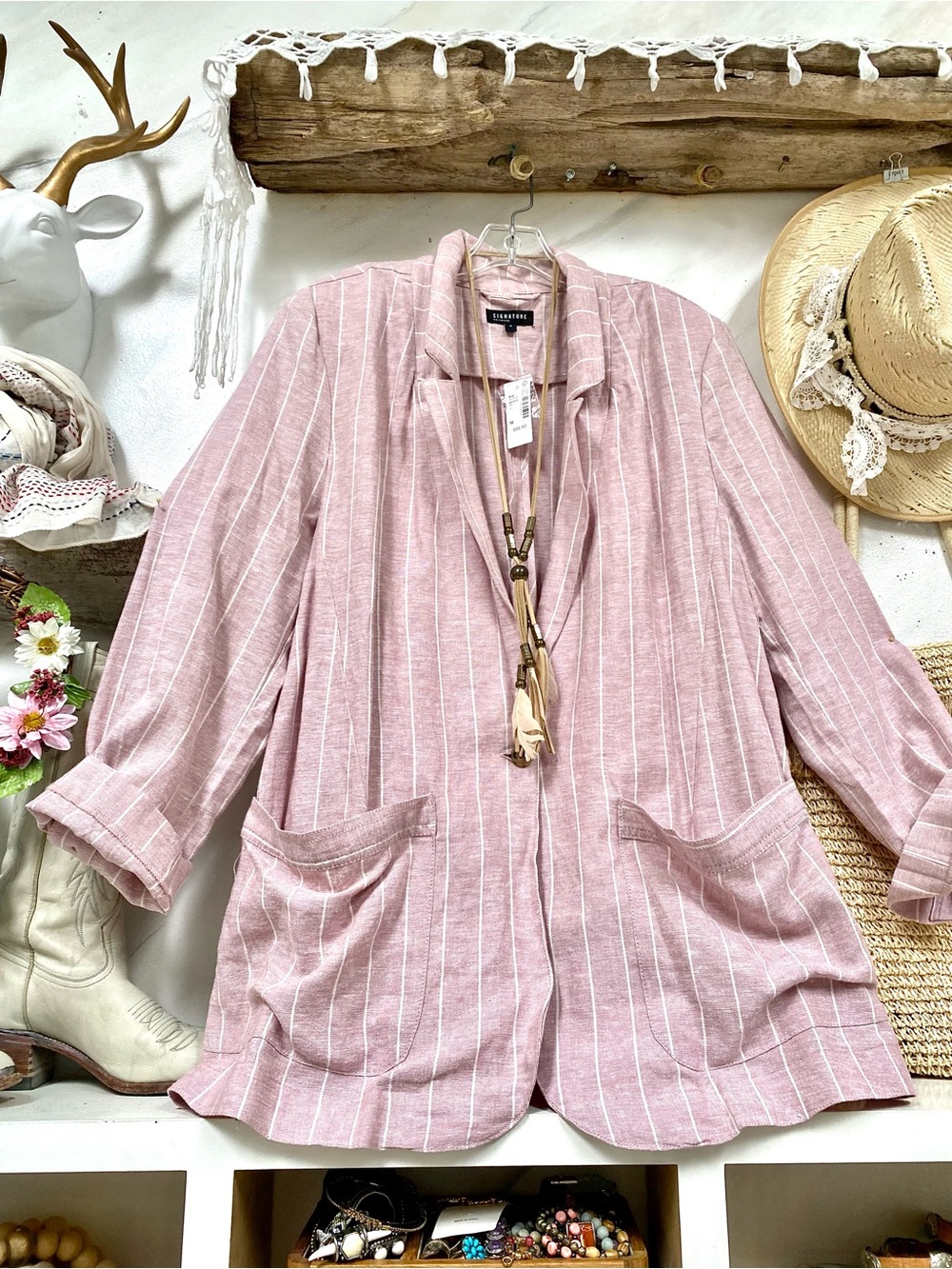 Blush LINEN boho blazer w resort vacay shabby chic summer vibe - Picture 5 of 15